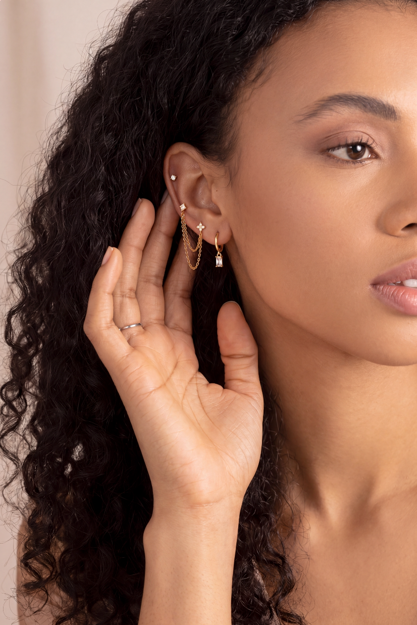 CRYSTAL EARRING SET WITH CHAIN STUDS AND DROP HOOPS EARRINGS | GOLD PLATED (Copy)